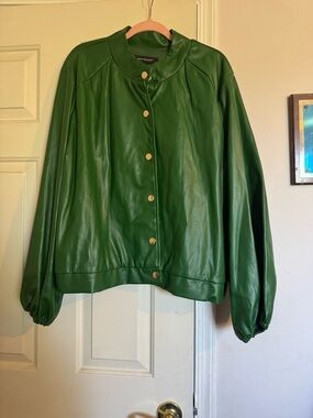 Ashley Stewart Green Faux Leather Bomber Jacket with Gold Snaps with skirt set.